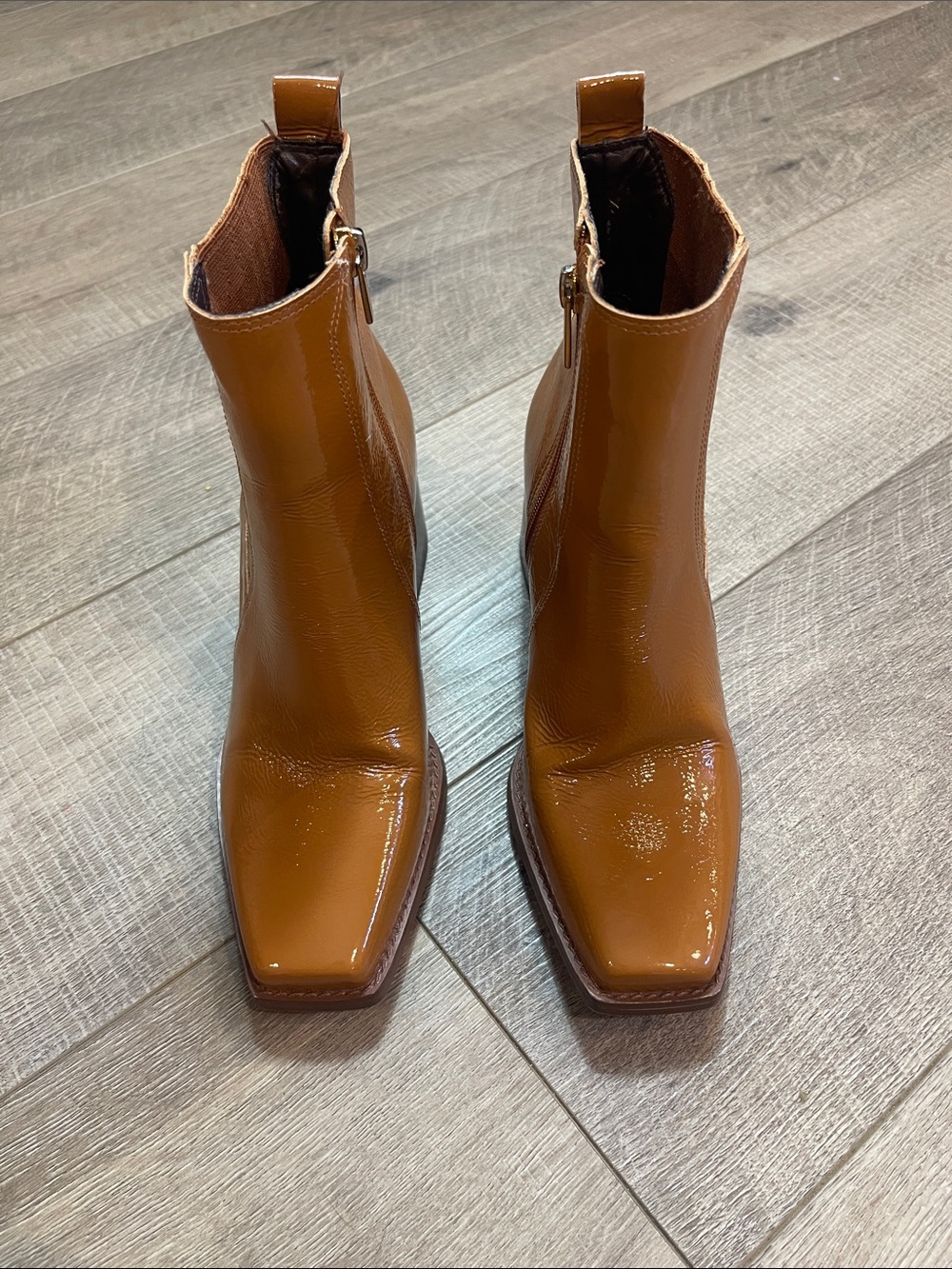 Vince Camuto Caramel Patent Square-Toe Ankle Booties